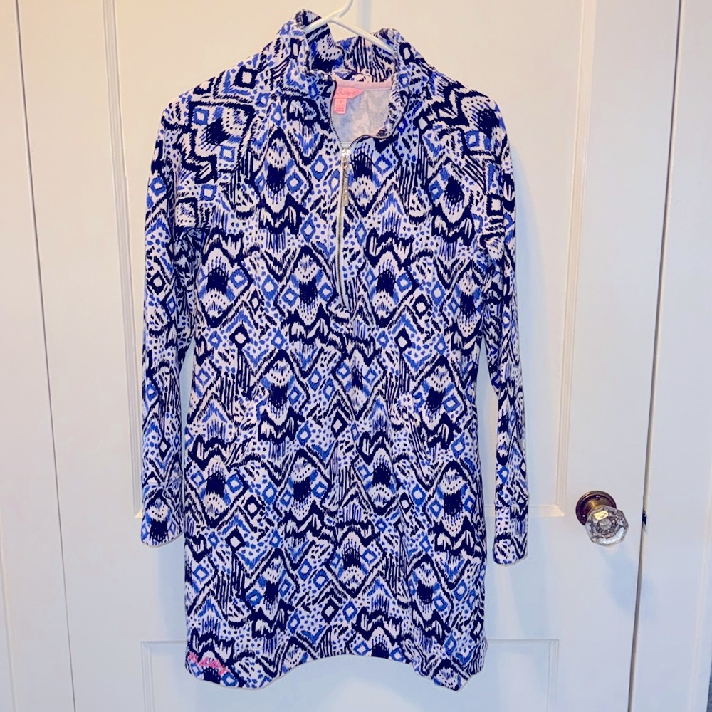 UPF 50+ Printed Skipper Popover Dress. Color, Beckon Blue. Print: Oh My Cod